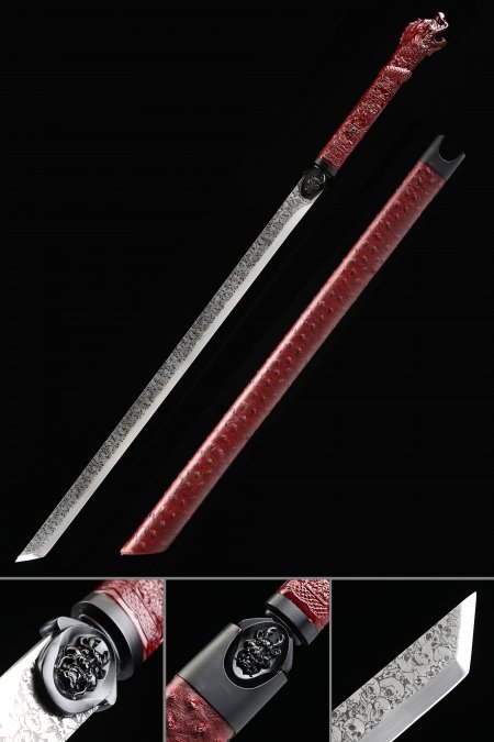 High Manganese Steel Straight Blade Real Japanese No Guard Ninjato Ninja Swords With Red Scabbard