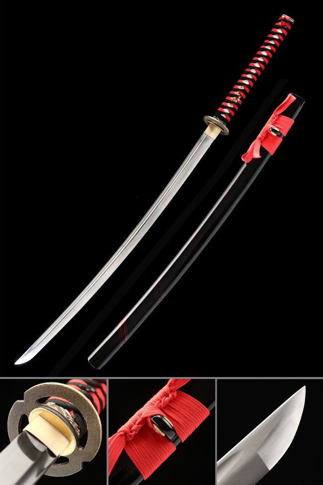 1060 Manganese Steel Katana with Black Piano Lacquer Saya in Red and Black Ito - Full Tang Collectible Sword