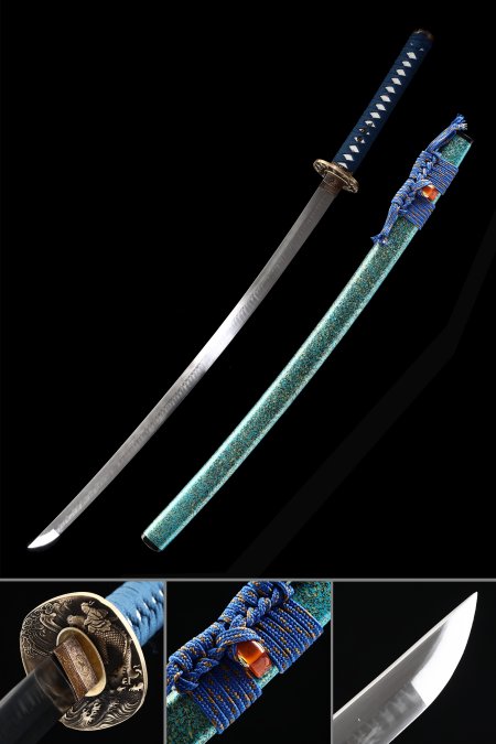Clay Tempered Katana, Handmade Japanese Katana Sword T10 Carbon Steel With Green Scabbard
