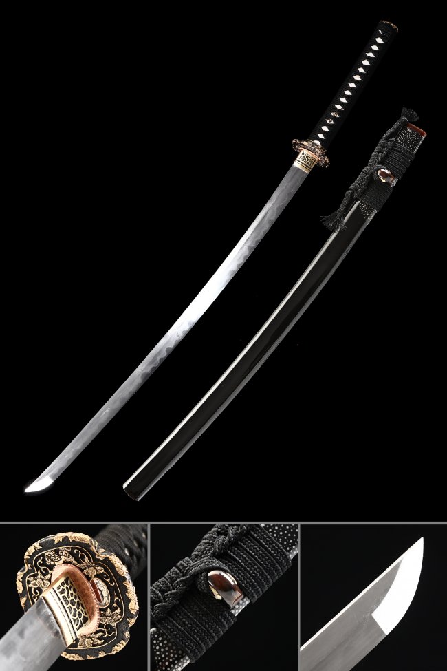 Clay Tempered Damascus Katana with Real Hamon - Pattern Steel, Black Lacquer Saya, Full Tang