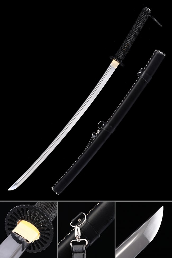 Manganese Steel Katana with Black Leather Saya - Chrysanthemum Iron Tsuba, Full-Tang Samurai Sword with Strap