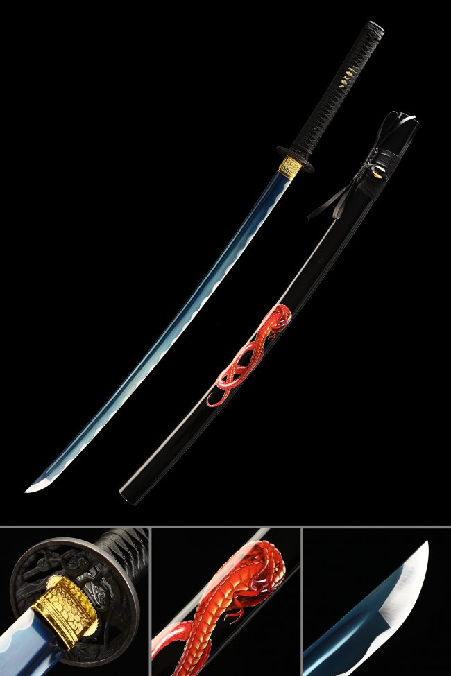 Black & Blue Katana - Manganese Steel Blade with Red Dragon Saya and Iron Tsuba