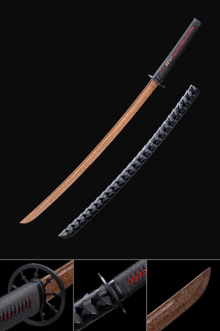 Handmade Brown Wooden Blade Bokken Practice Katana Samurai Sword With Black Leather Scabbard