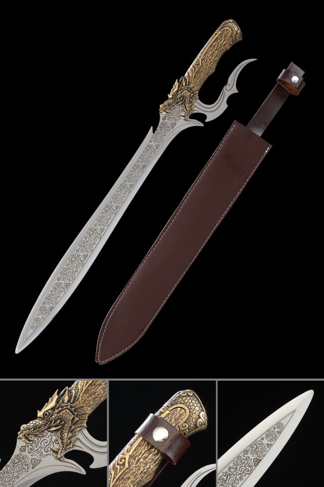 Handmade Fantasy Sword With Dragon Handle And Brown Leather Scabbard