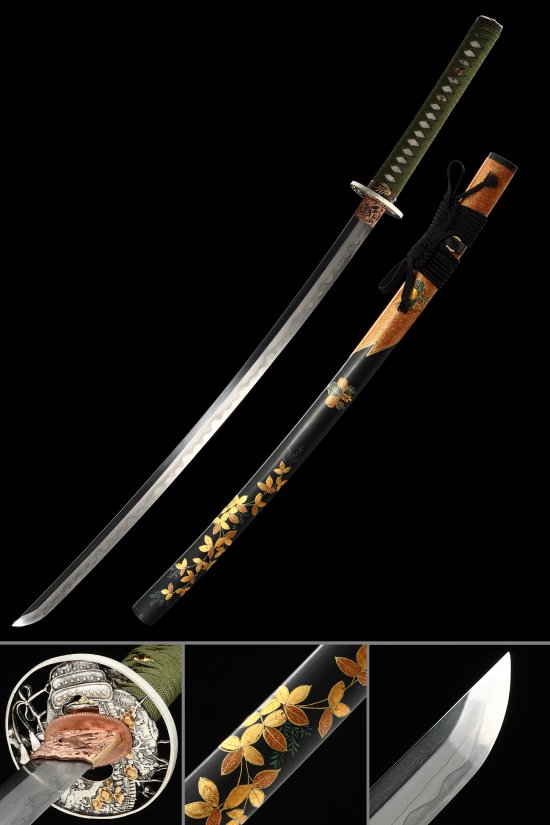 Manganese Steel Katana with Hamon, Gold Floral Lacquer Saya & Green Tsuka - Koshirae Style