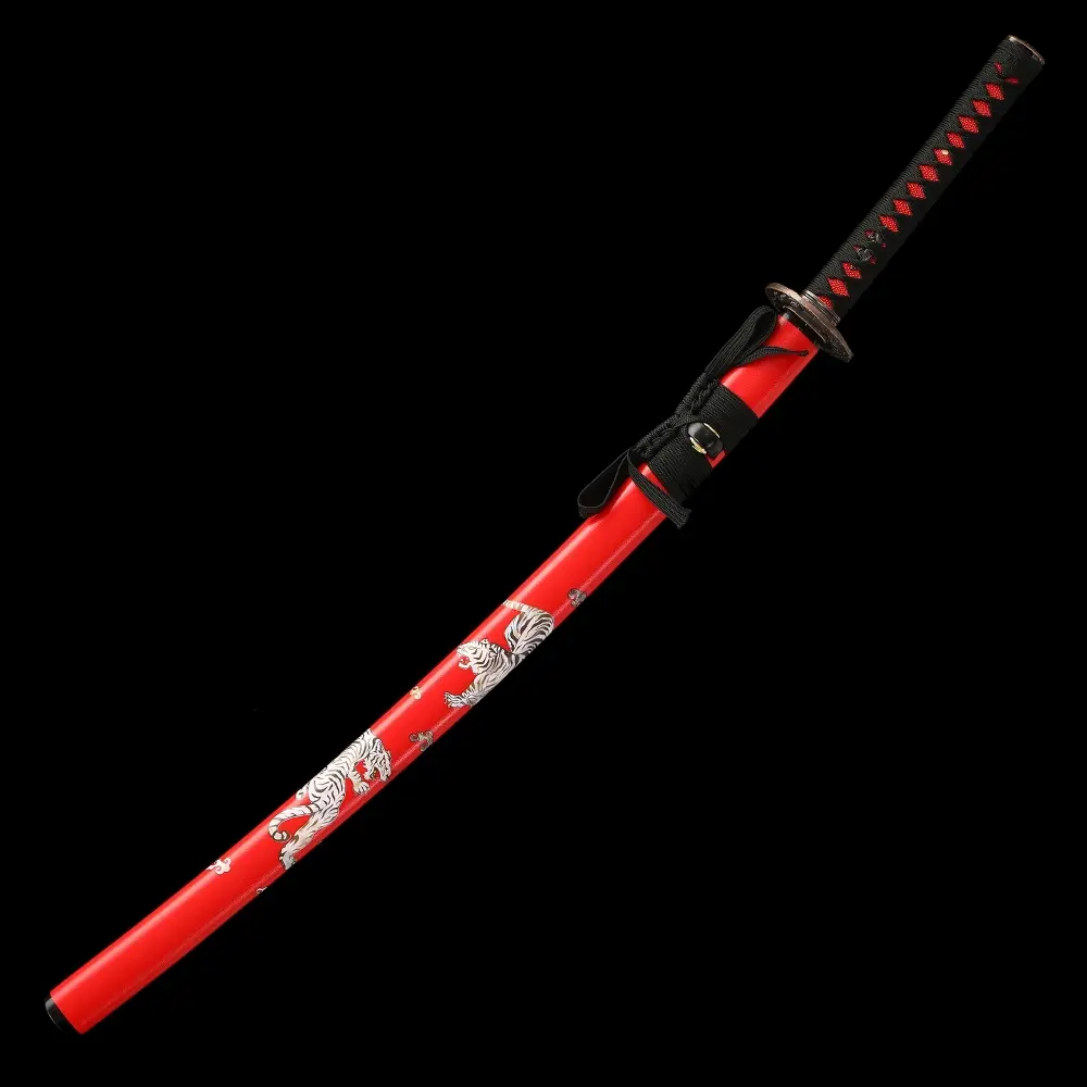 Red Katana | T10 Clay Tempered Katana with Real Hamon - Red Tiger