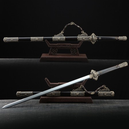 Black Peony Flower Theme Handmade Damascus Steel Tang Dynasty Chinese Swords