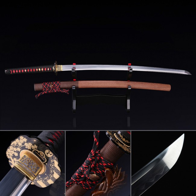 Cherry Blossom Tsuba T10 Carbon Steel Katana, Clay Tempered, Real Hamon & Folded Steel