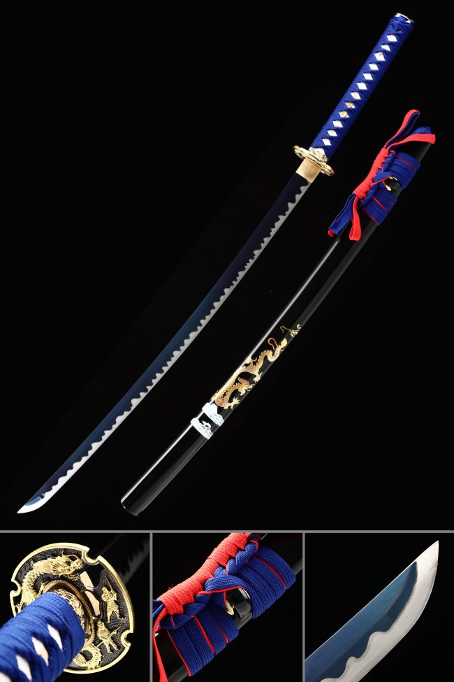 Blue Blade Katana with Gold Dragon Tsuba - Manganese Steel, Black Lacquer Saya, Blue-White Ito