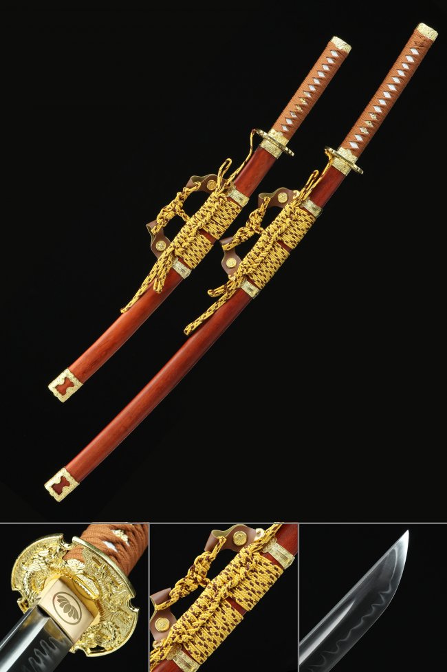 T10 Steel Daisho Set Katana & Wakizashi with Dark Red Saya, Gold Tsuba & Brown Ito