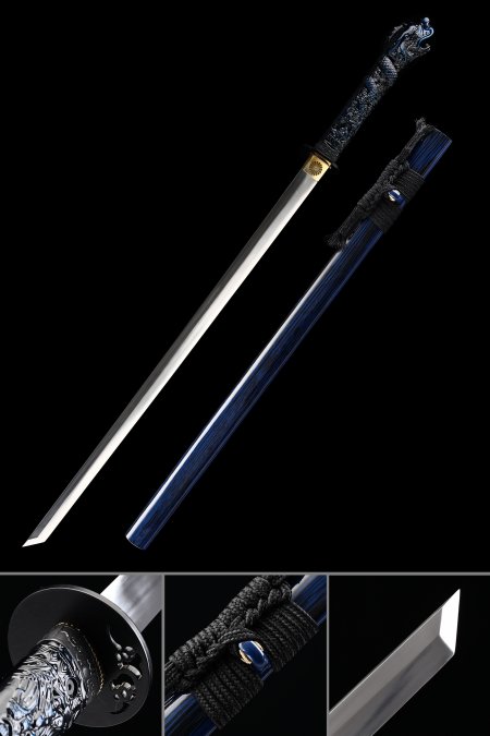Handmade High Manganese Steel Straight Blade Japanese Ninjato Ninja Sword With Blue Scabbard