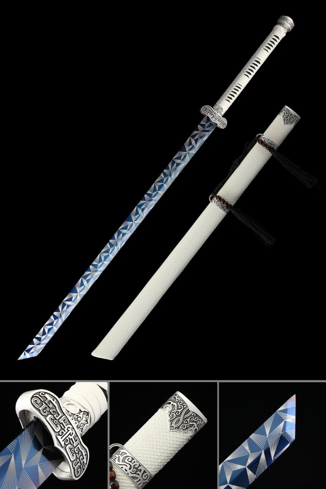 Ornate Scroll Tsuba Manganese Steel Ninjato, Full Tang, Handcrafted & White Saya
