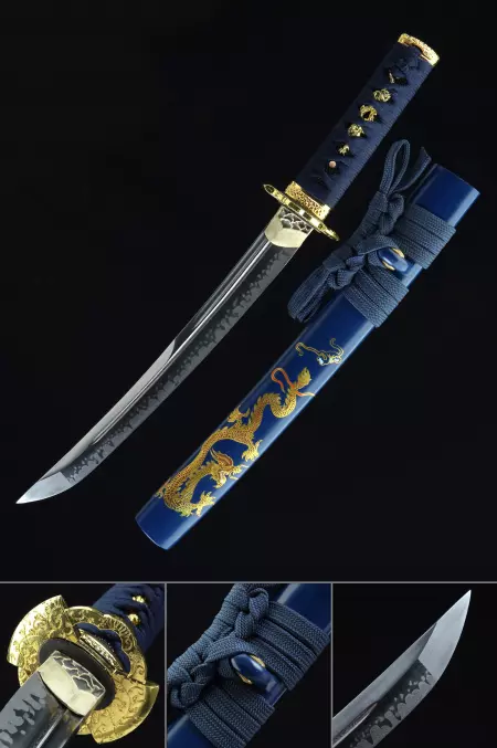 Handmade Japanese Tanto Sword Pattern Steel With Blue Saya