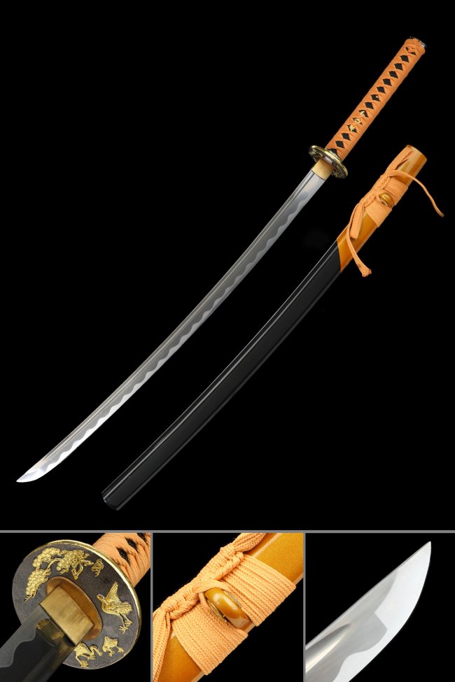 1060 Carbon Steel Katana with Orange Ito, Phoenix Tsuba in Black-Gold - Full Tang Samurai Sword