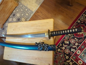 Short Katana, Handmade Wakizashi Sword T10 Folded Clay Tempered Steel With Blue Scabbard