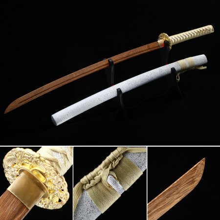 Handmade Japanese Wooden Unsharp Katana Sword With Brown Blade And White Scabbard