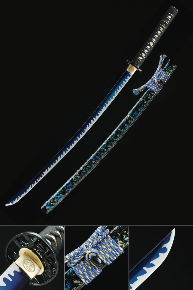 Clay Tempered 1095 Carbon Steel Katana with Blue Blade and Hand-Painted Camouflage Saya