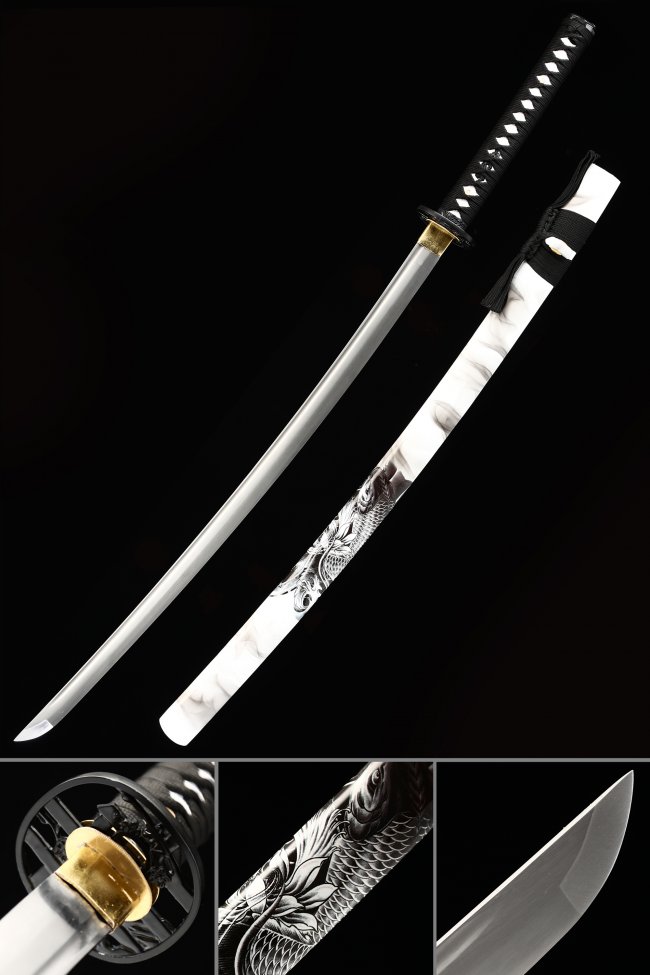 White Katana - Manganese Steel Katana Sword with Dragon-Carved Saya and Iron Tsuba Collectible