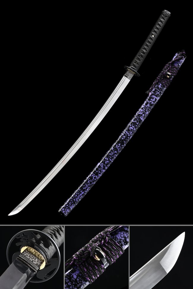 Spring Steel Katana with Purple Speckled Saya in Black Cord Wrap - Full Tang Samurai Sword Replica