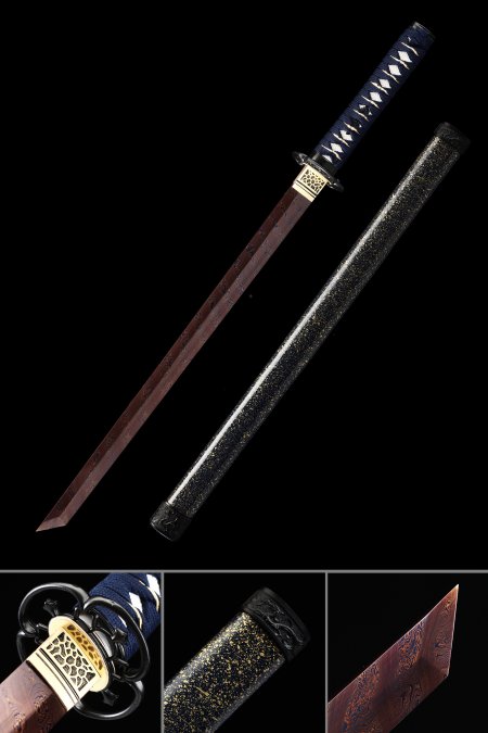 Handmade Japanese Ninjato Sword Damascus Steel With Red Blade