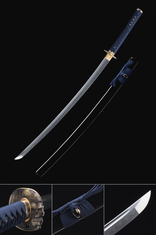 Manganese Steel Katana with Gold Skull Tsuba in Blue Cord Handle & Black Lacquer Saya