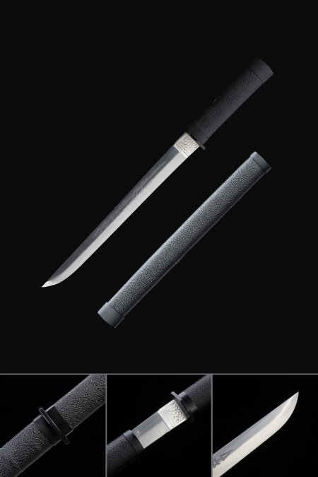 Handmade Straight Short Tanto Sword Stainless Steel With Black Scabbard