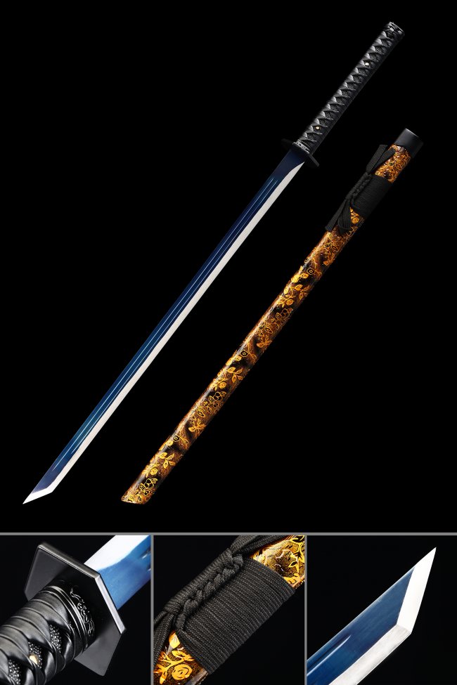1095 Carbon Steel Ninjato Chokuto with Blue Blade in Gold-Black Floral Hardwood Saya