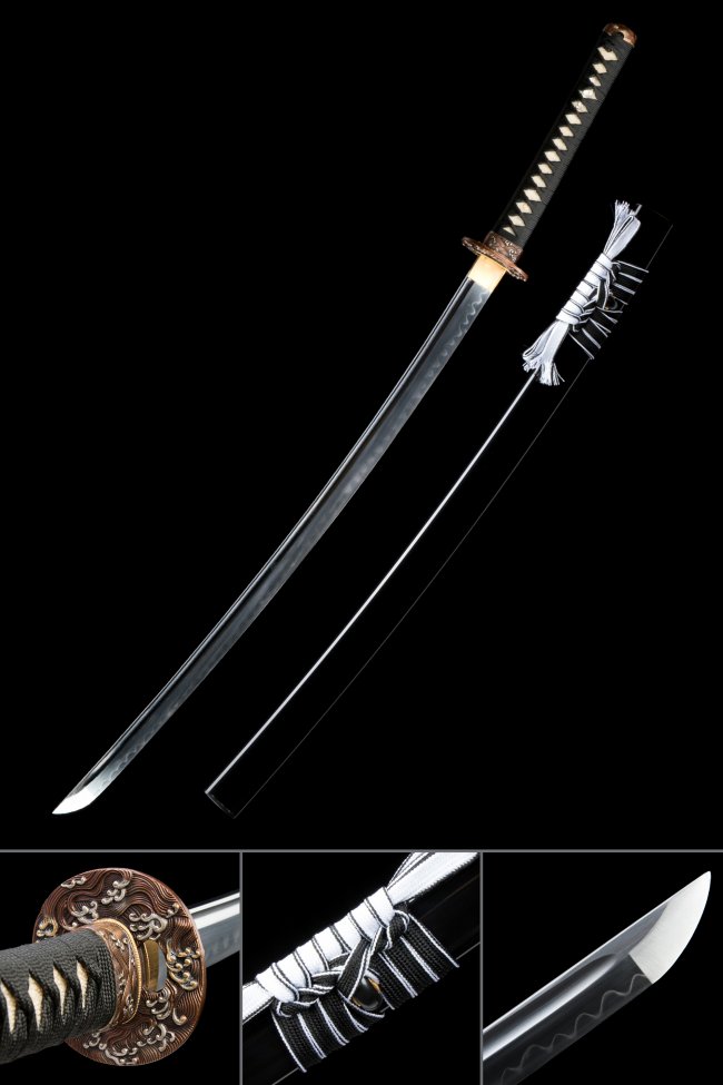 T10 Carbon Steel Katana with Real Hamon - Black Ito, Bronze Cloud Tsuba, Black Lacquer Saya