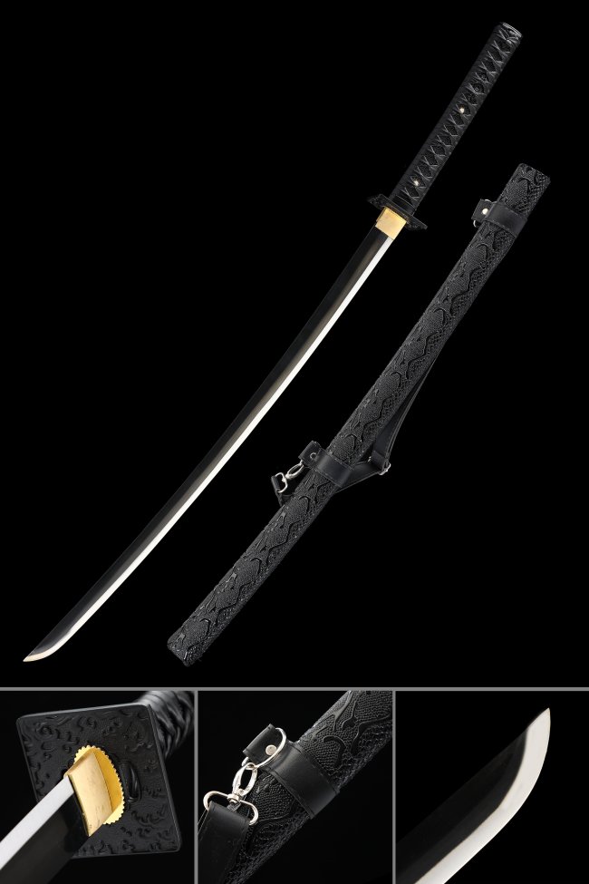 1045 Carbon Steel Katana with Dragon-Embossed Black Leather Saya and Black Cord Handle