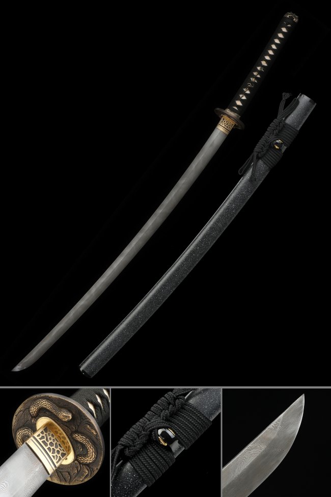 Folded Damascus Steel Japanese Katana with Python Copper Tsuba - Black Lacquer Saya, Full Tang