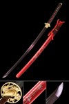 T10 Steel Katana with Purple Blade in Red Lacquered Saya - Gold Chrysanthemum Tsuba