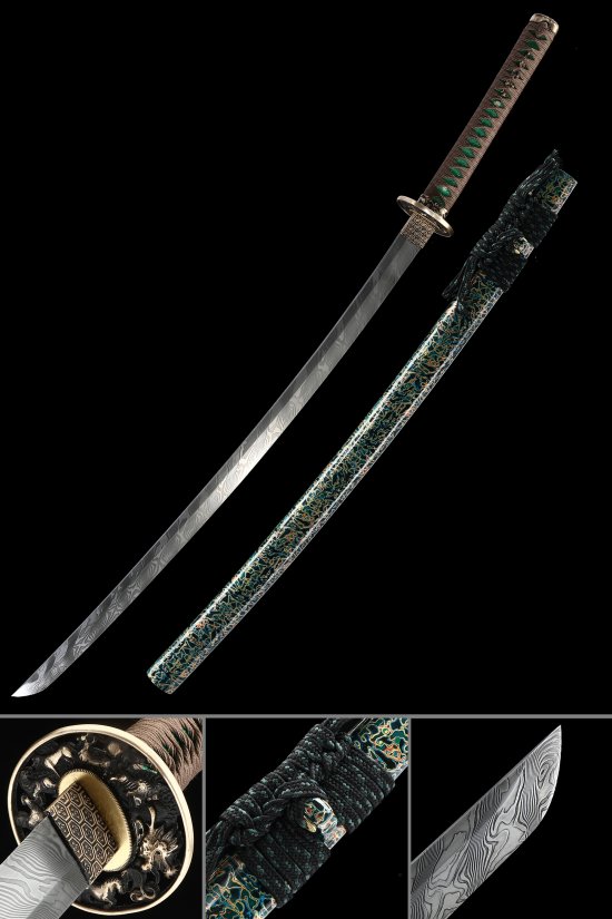 Damascus Steel Katana with Dragon-Engraved Blade, Teal Lacquer Saya & Green-Brown Tsuka
