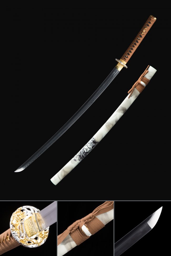 T10 Carbon Steel Katana with White Dragon-Print Saya - Brown Tsuka, Silver-Gold Tsuba