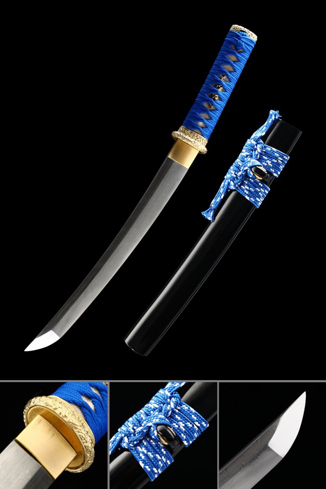 Folded Steel Tanto with Blue Cord Handle, Gold Tsuba & Black Lacquer Saya - Japanese Short Sword