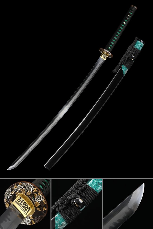 T10 Steel Katana with Clay Tempered Blade in Black Lacquer Saya - Flower Tsuba, Teal-Black Handle