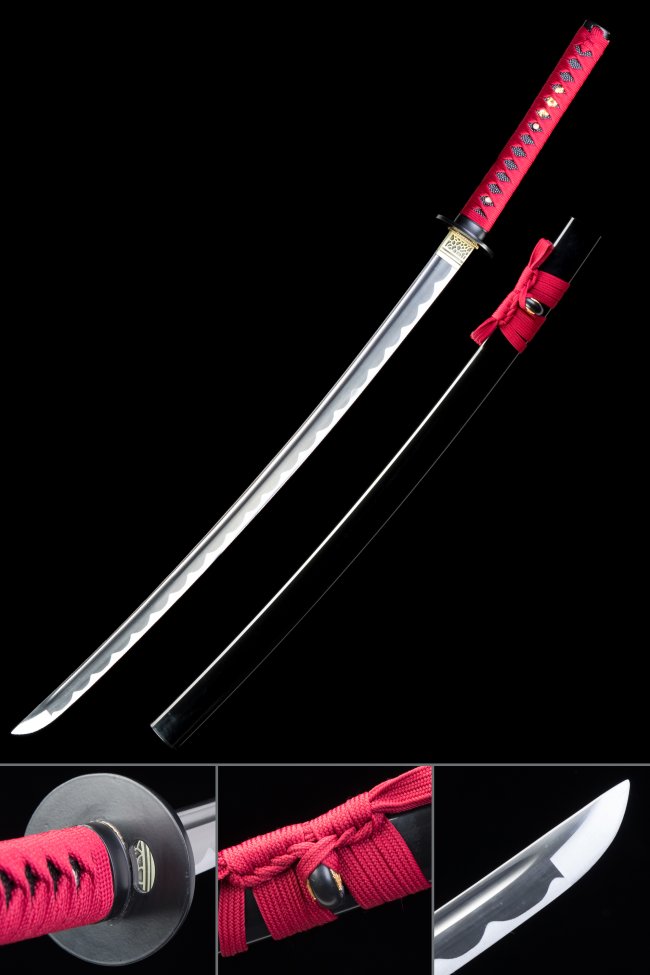 1060 Carbon Steel Katana with Red Ito, Black Lacquer Saya and Gold-Black Ornate Scroll Tsuba
