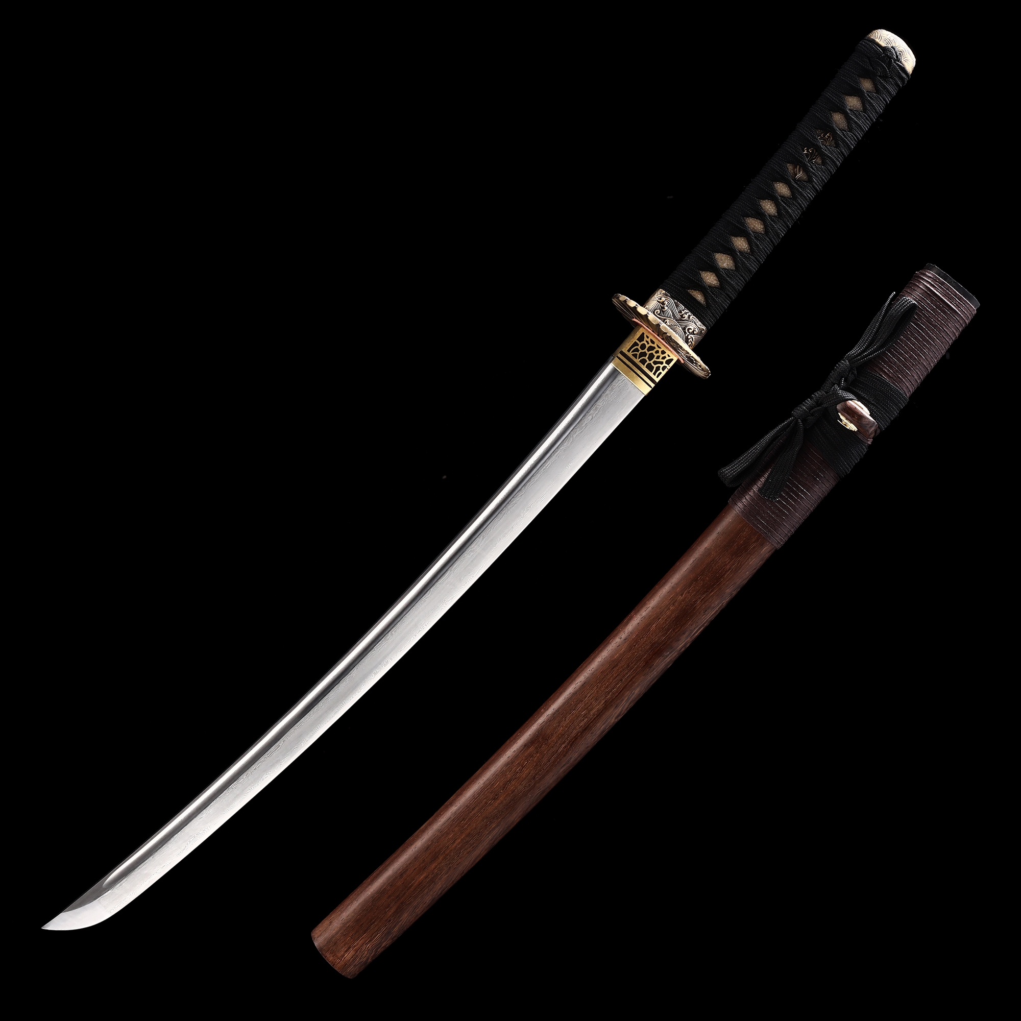 Short Blade Katana | Damascus Steel Wakizashi with Rosewood Saya