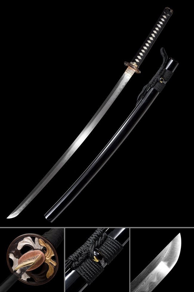 Damascus Steel Katana with Real Hamon, Full Tang - Black Saya & Bronze Tsuba