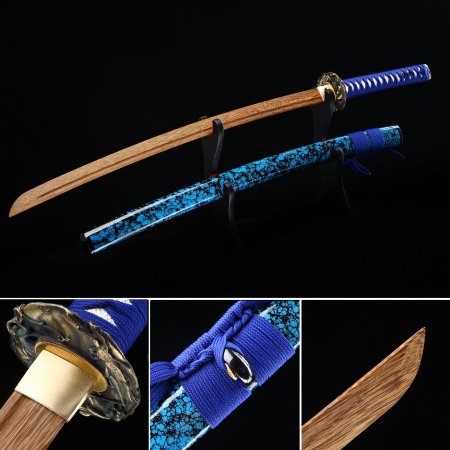 Handmade Japanese Wooden Unsharp Katana Sword With Brown Blade And Blue Scabbard