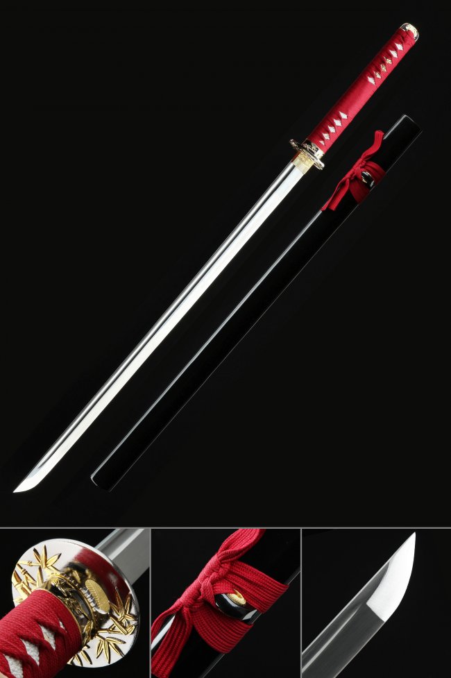 1045 Carbon Steel Ninjato Sword with Gold Bamboo Tsuba in Red and Black - Full Tang Ninja Sword