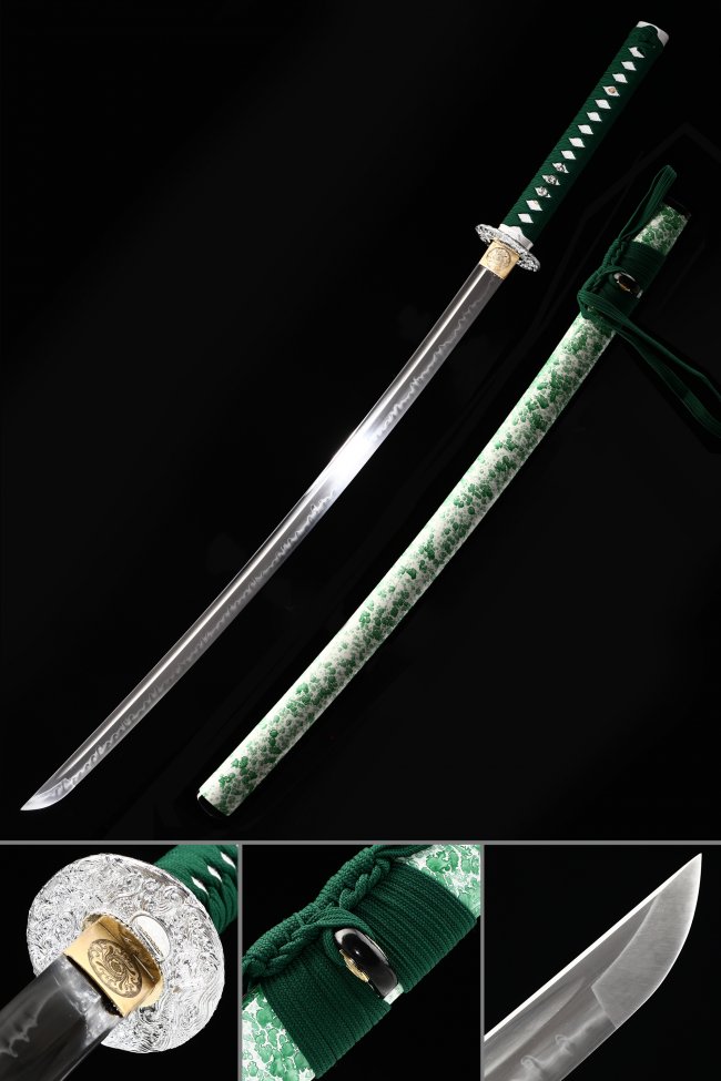 T10 Clay Tempered Katana with Green and White Marble Saya - Dragon Tsuba Collectible Sword