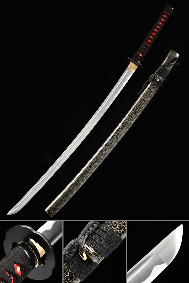 Manganese Steel Full Tang Katana with Crackle-Pattern Saya in Black and Red Ito Wrap