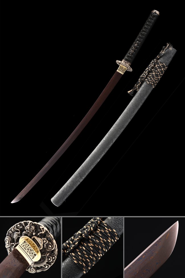 1000 Layer Folded Steel Katana with Red Blade and Dragon Copper Tsuba in Grey Leather-Wrapped Saya