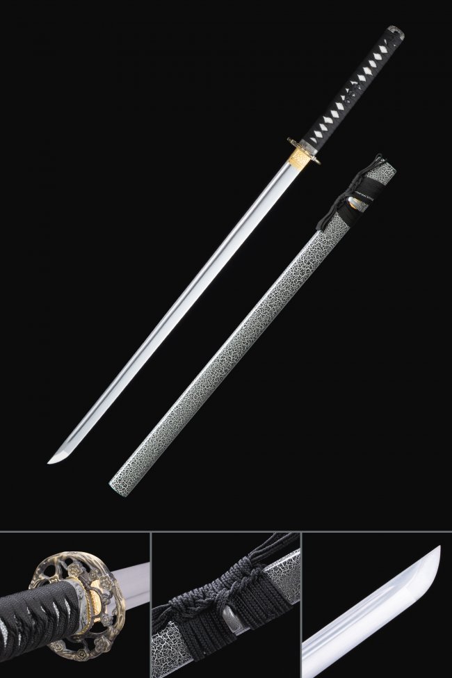 Manganese Steel Ninjato with Crackle-Pattern Gray Saya in Black-White Koshirae