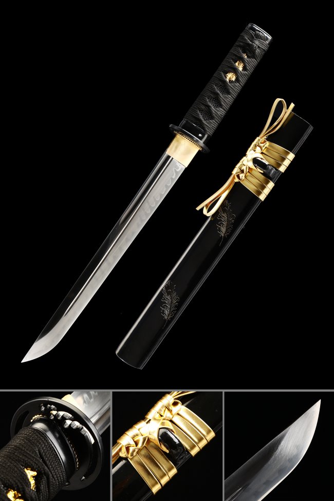 T10 Carbon Steel Hamidashi Tanto with Real Hamon - Black Piano Lacquer Saya and Gold-Tone Fittings