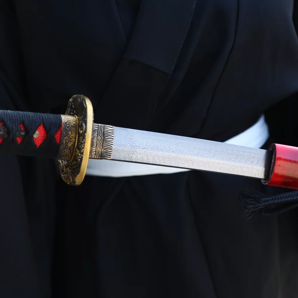 Samurai Sword | Damascus Steel Katana with Red Dragon Lacquer Saya