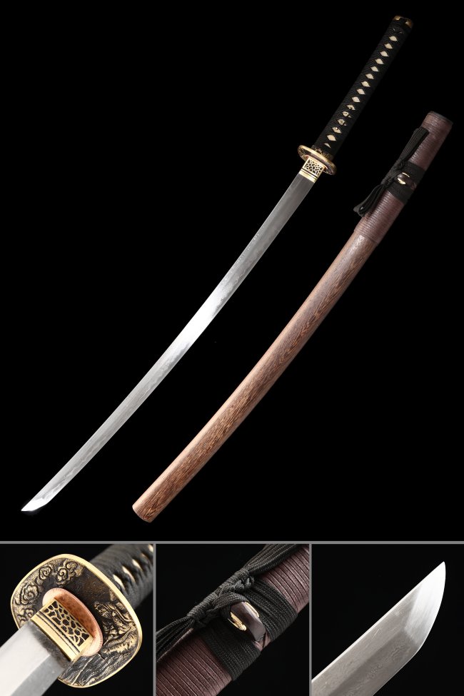 Damascus Steel Katana Sword with Natural Rosewood Saya - Full Tang Bronze Dragon Tsuba Collectible