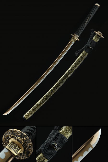 Real Katana, Handmade Japanese Katana Sword High Manganese Steel With Golden Blade