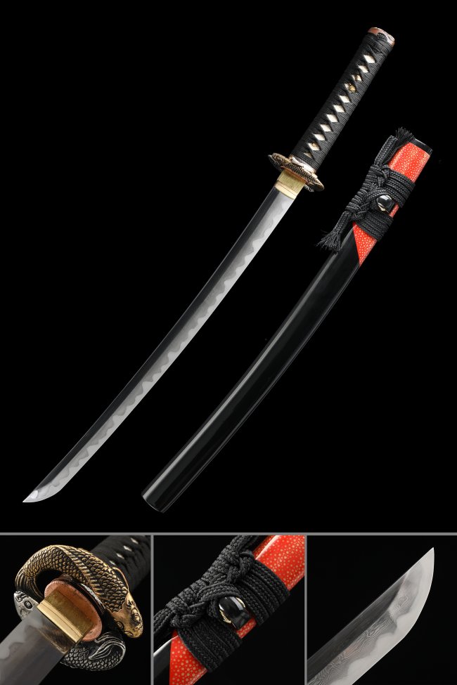 Damascus Steel Katana with Real Hamon, Gold Snake Tsuba in Black & Red Koshirae