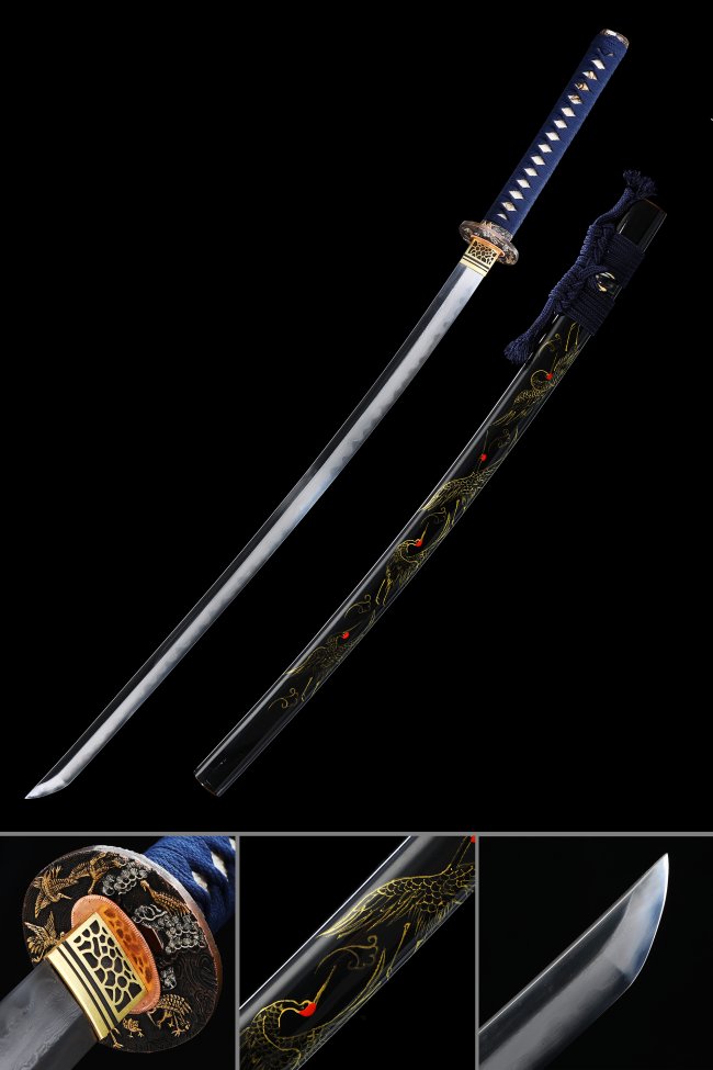Clay-Tempered 1000-Layer Folded Steel Katana with Crane and Pine Copper Tsuba in Navy Blue
